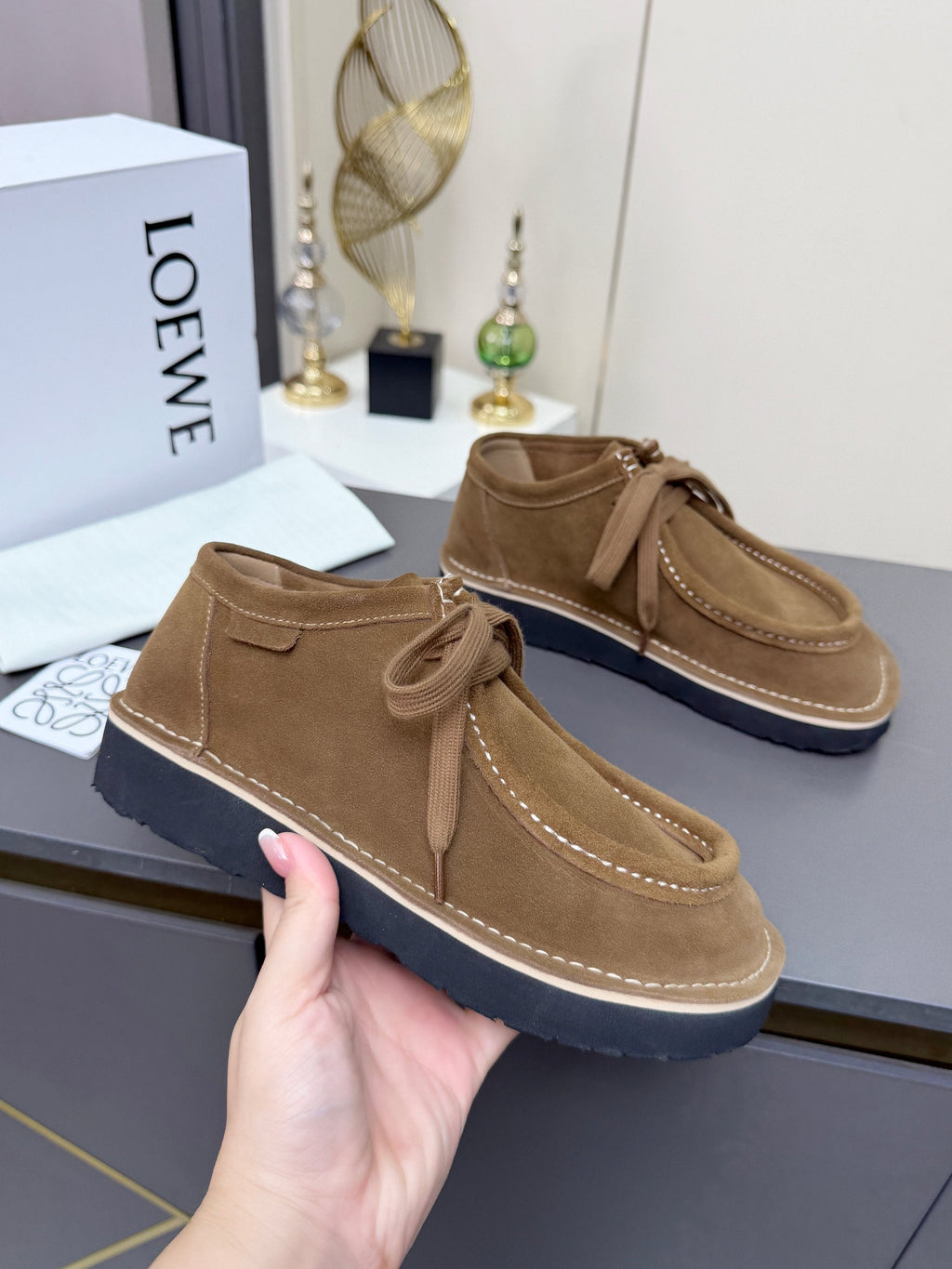 LOEWE 26S ANKLE BOOTS IN CARAMEL BROWN SUEDE