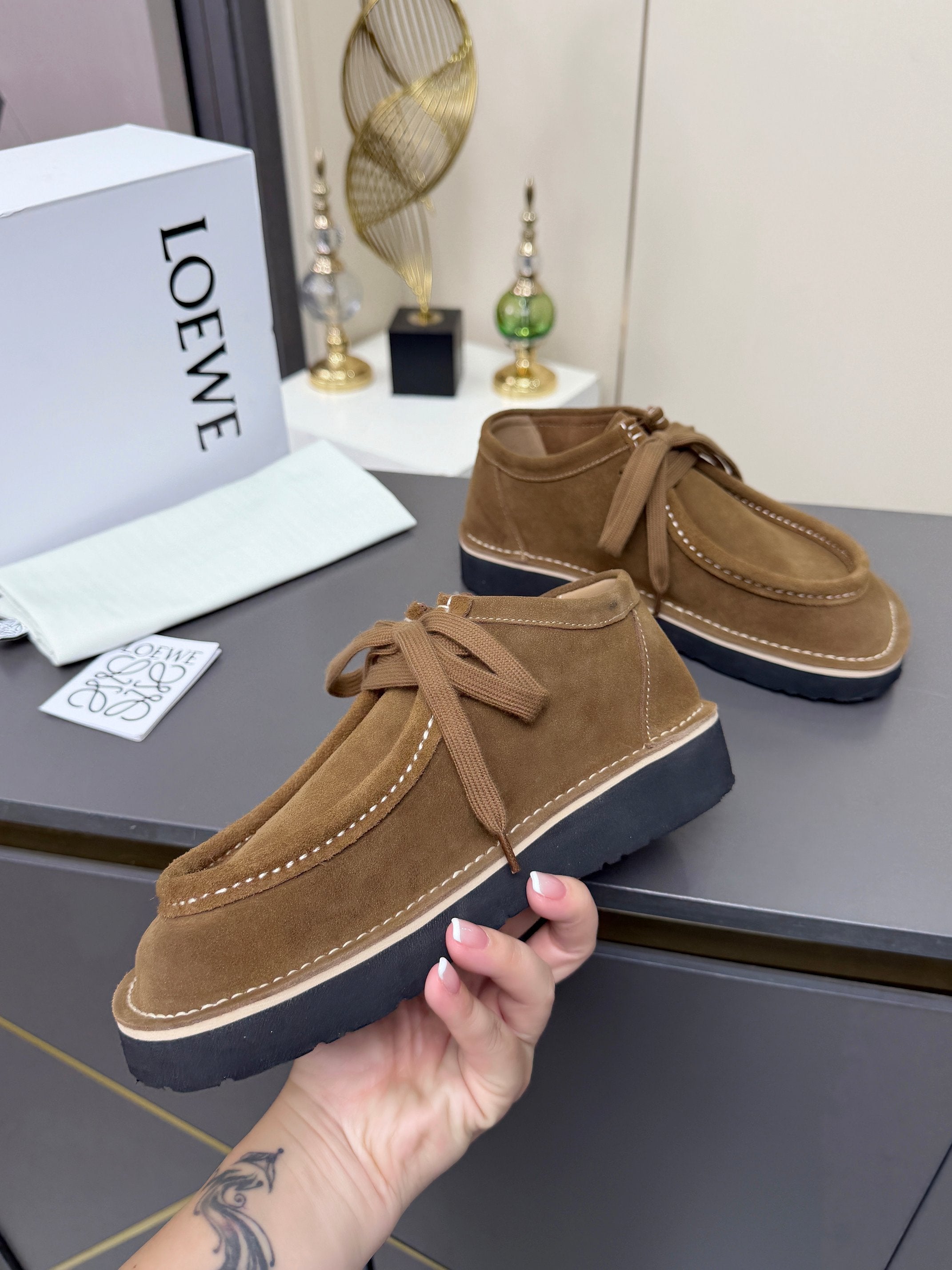 LOEWE 26S ANKLE BOOTS IN CARAMEL BROWN SUEDE