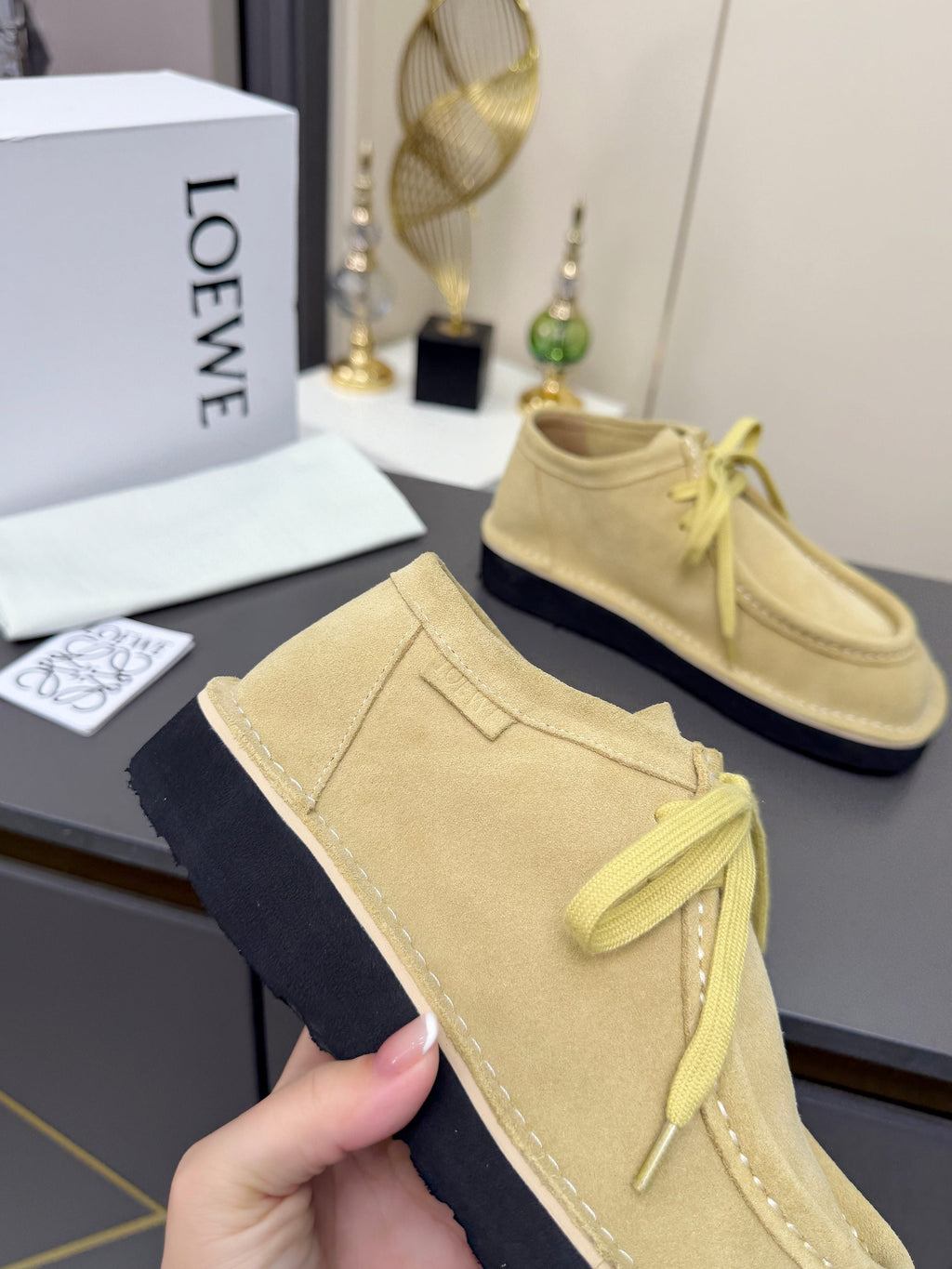 LOEWE 26S ANKLE BOOTS IN BEIGE SUEDE