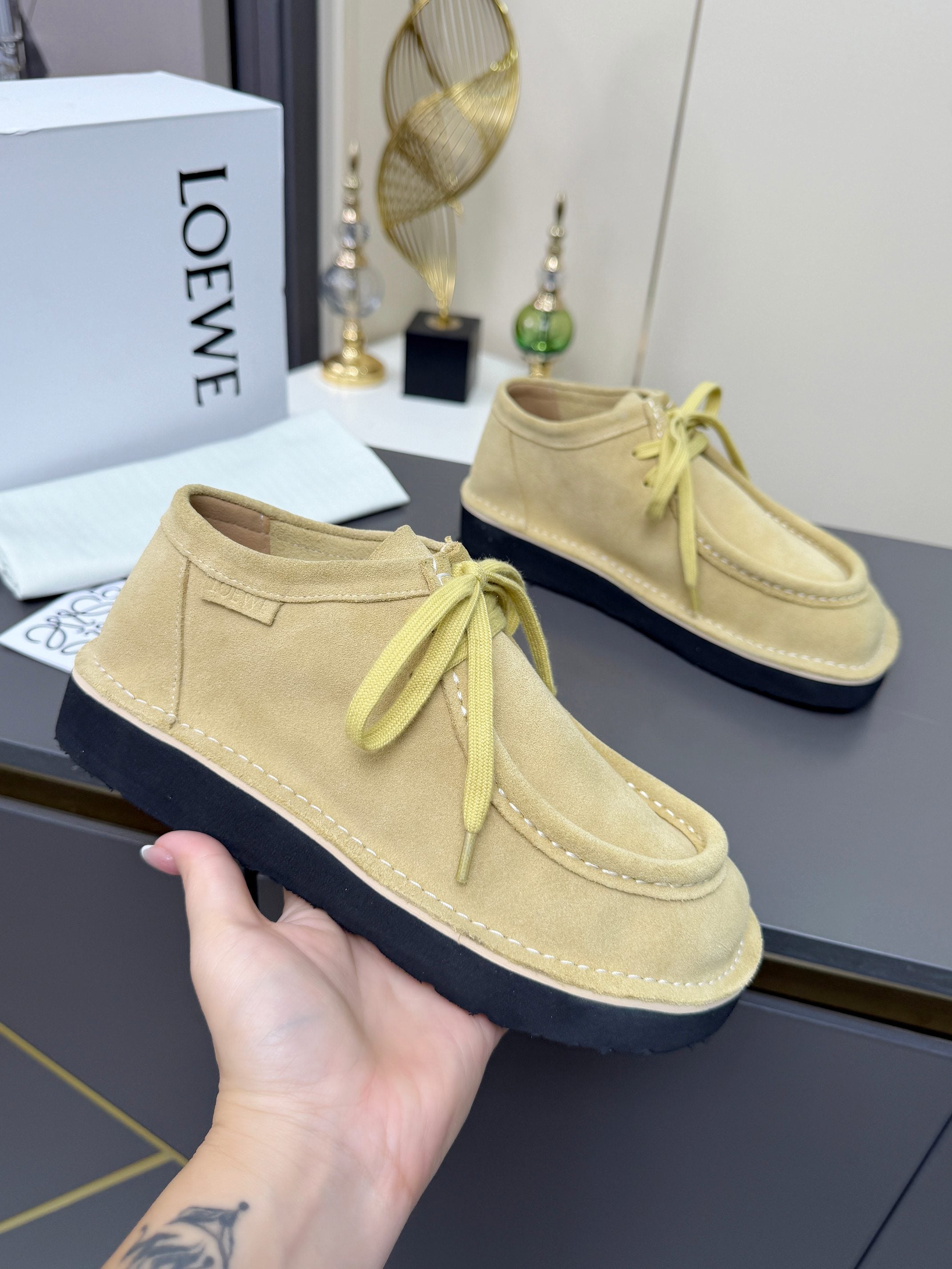 LOEWE 26S ANKLE BOOTS IN BEIGE SUEDE
