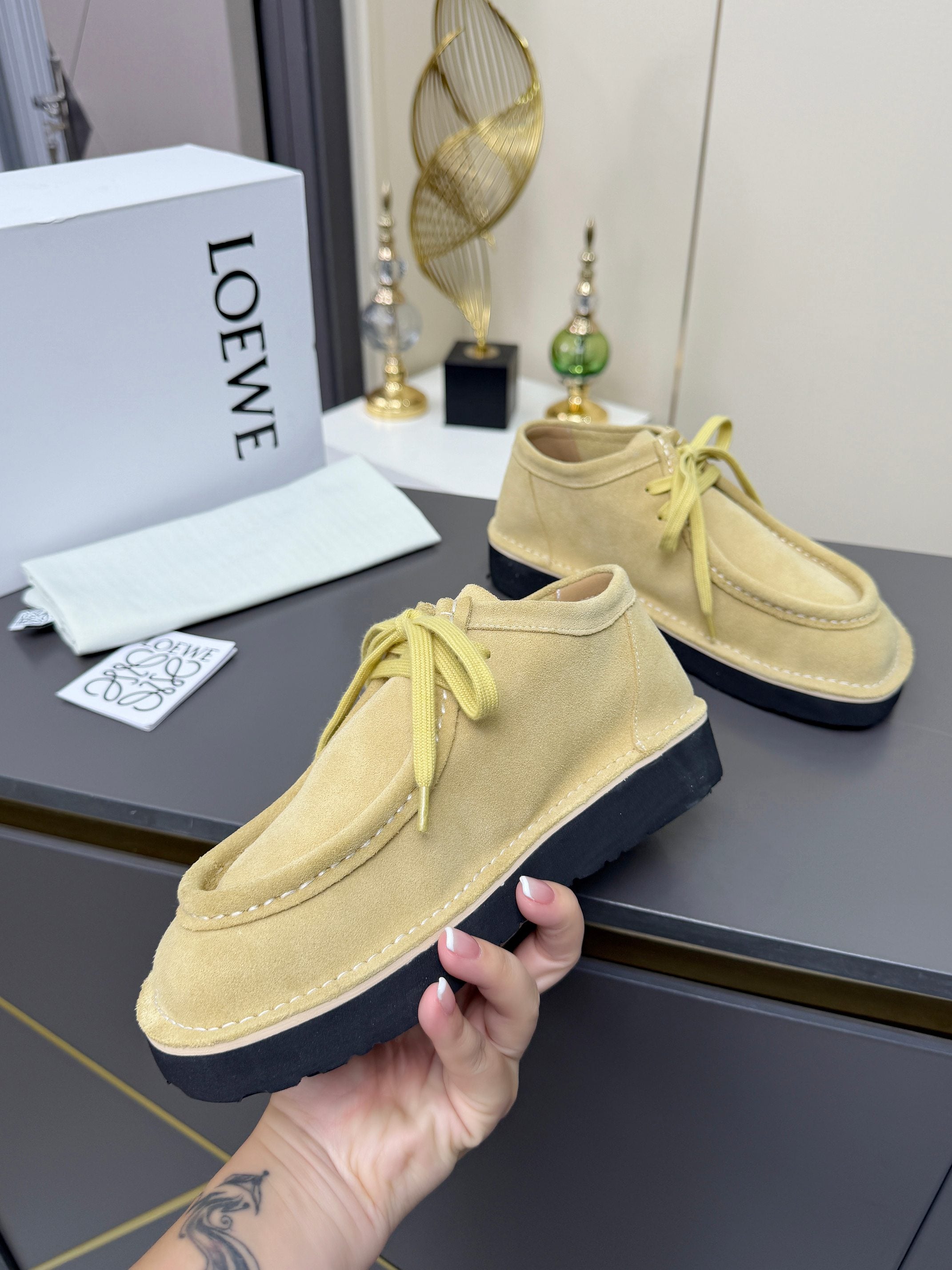 LOEWE 26S ANKLE BOOTS IN BEIGE SUEDE