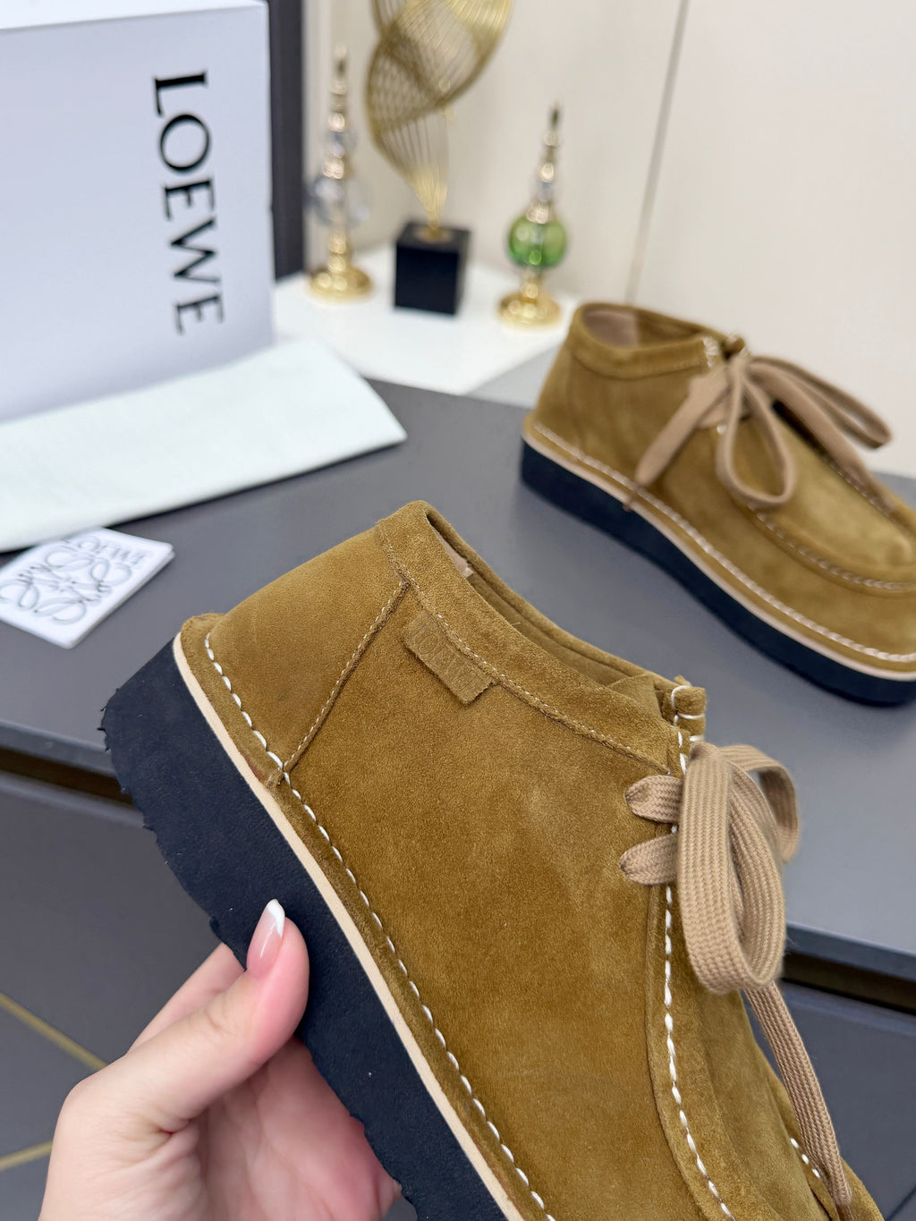 LOEWE 26S ANKLE BOOTS IN OLIVE BROWN SUEDE