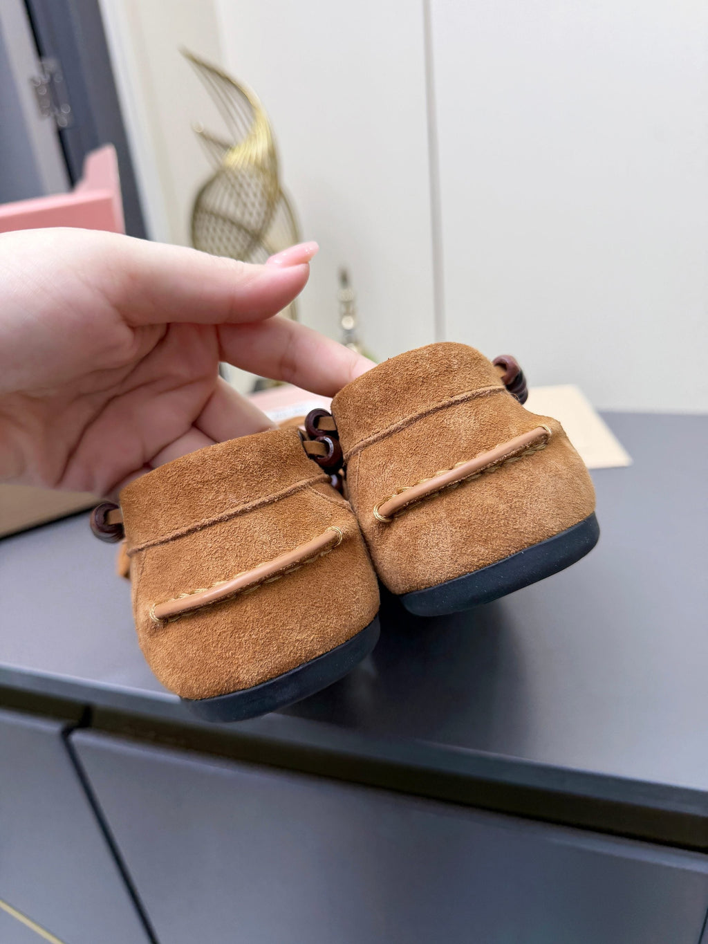 MIUMIU 26S TASSEL LOAFERS IN CARAMEL BROWN SUEDE BEADED TRIM