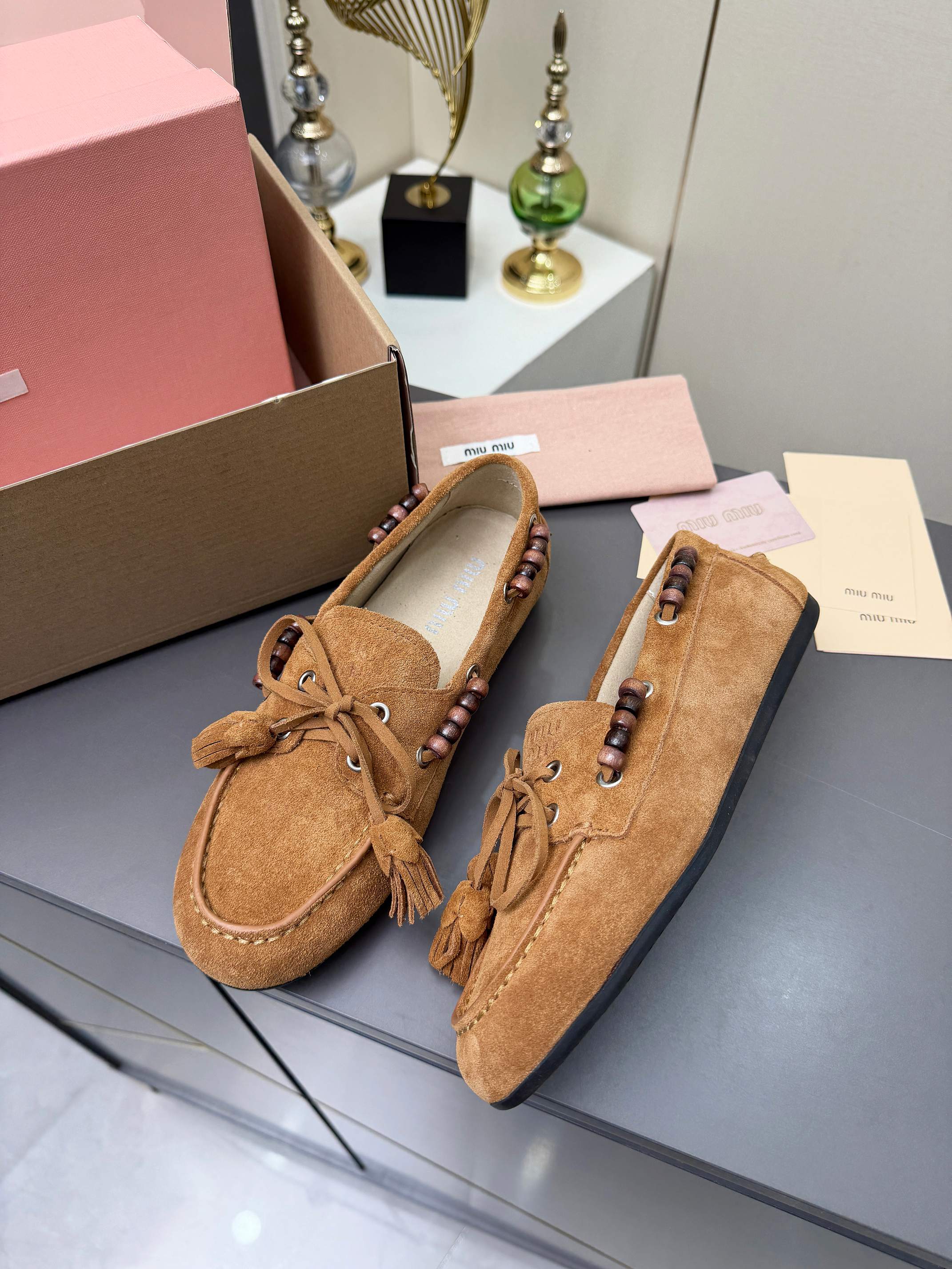 MIUMIU 26S TASSEL LOAFERS IN CARAMEL BROWN SUEDE BEADED TRIM