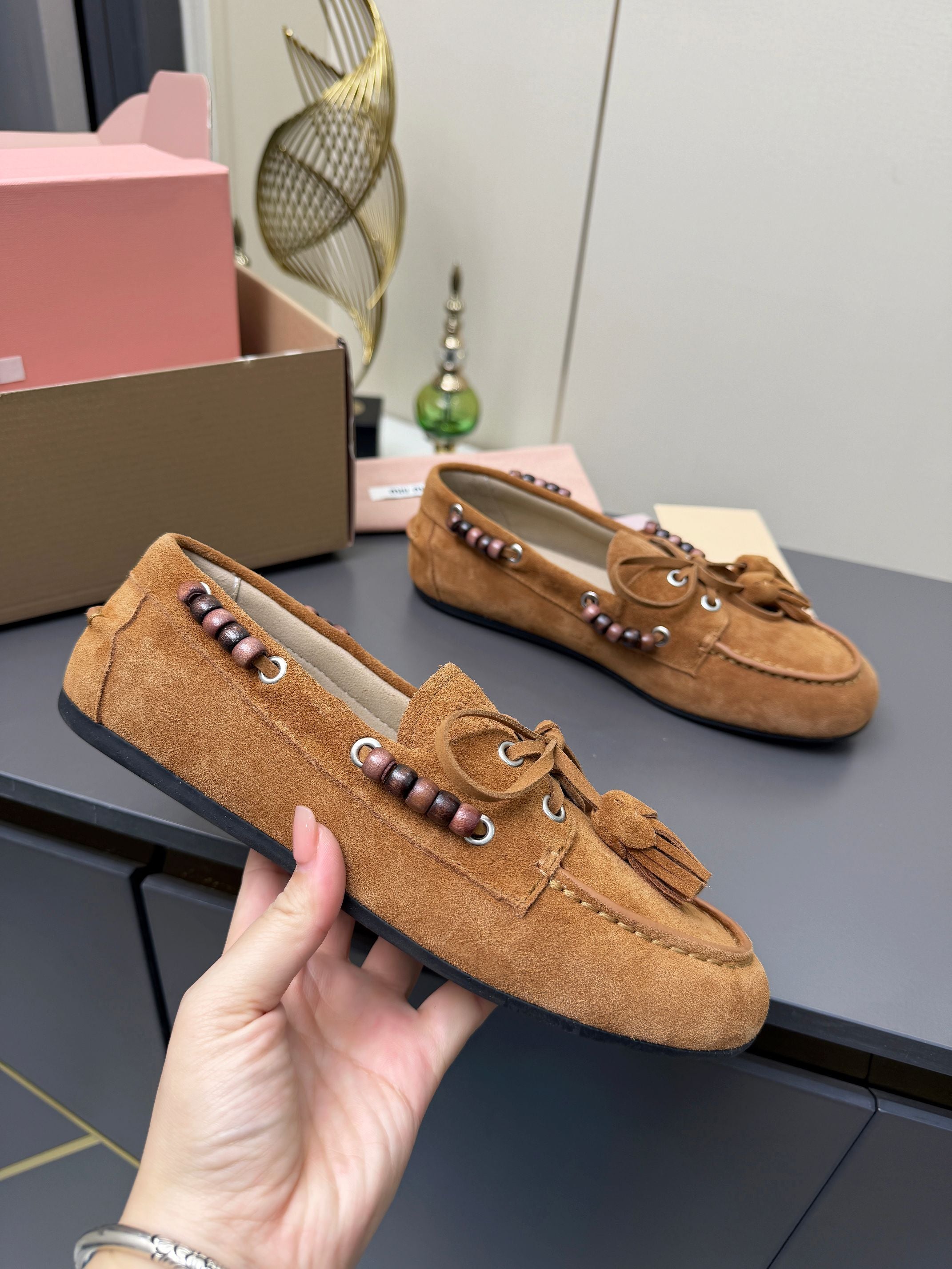 MIUMIU 26S TASSEL LOAFERS IN CARAMEL BROWN SUEDE BEADED TRIM