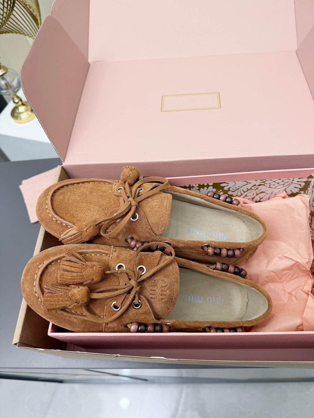 MIUMIU 26S TASSEL LOAFERS IN CARAMEL BROWN SUEDE BEADED TRIM