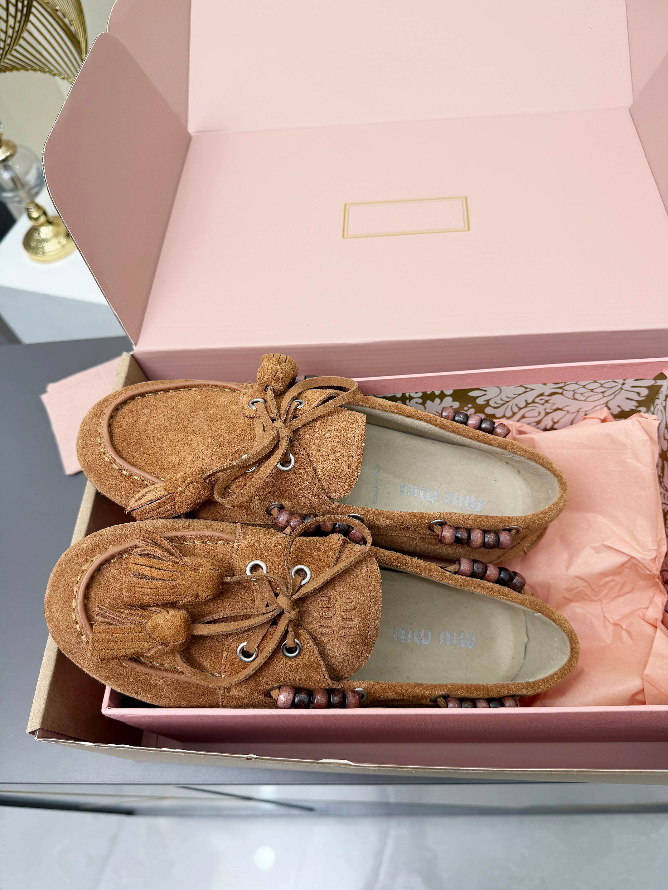 MIUMIU 26S TASSEL LOAFERS IN CARAMEL BROWN SUEDE BEADED TRIM