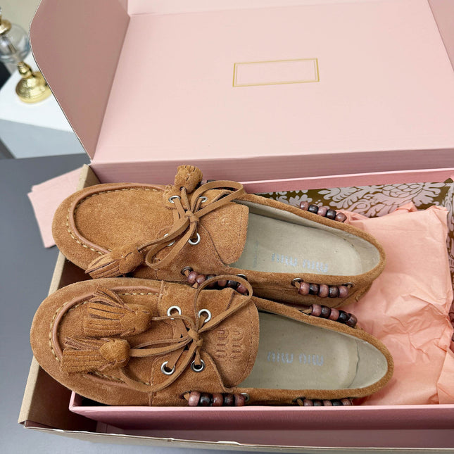 MIUMIU 26S TASSEL LOAFERS IN CARAMEL BROWN SUEDE BEADED TRIM