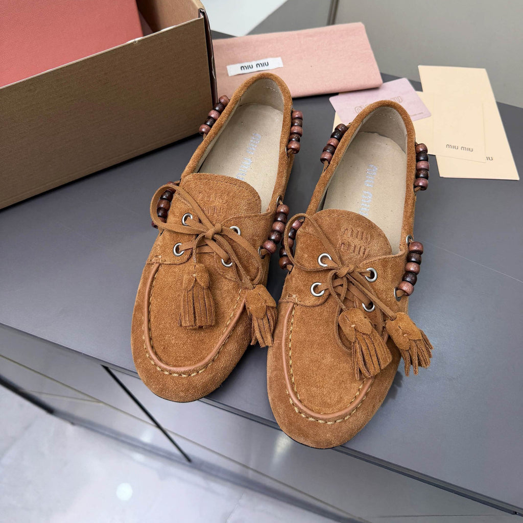 MIUMIU 26S TASSEL LOAFERS IN CARAMEL BROWN SUEDE BEADED TRIM