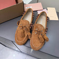 MIUMIU 26S TASSEL LOAFERS IN CARAMEL BROWN SUEDE BEADED TRIM