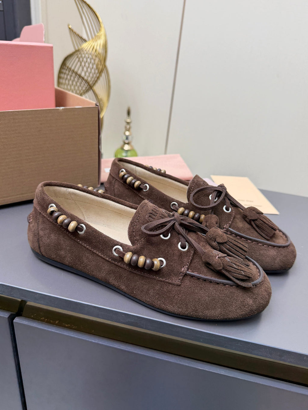 MIUMIU 26S TASSEL LOAFERS IN DARK BROWN SUEDE BEADED TRIM