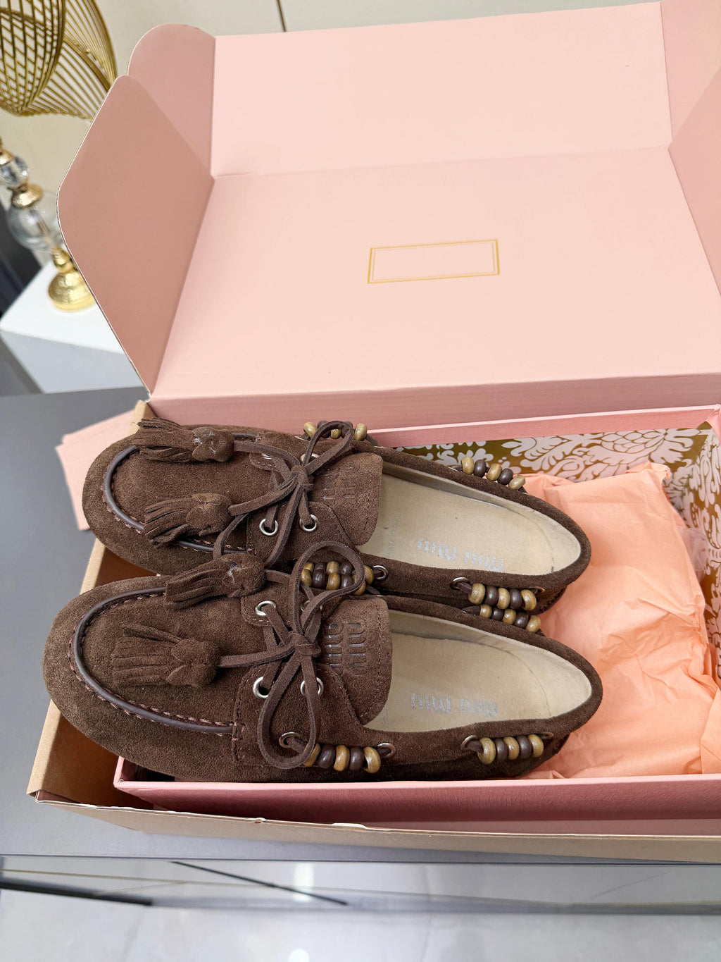 MIUMIU 26S TASSEL LOAFERS IN DARK BROWN SUEDE BEADED TRIM