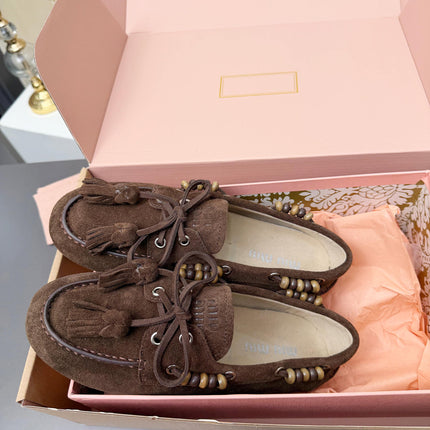 MIUMIU 26S TASSEL LOAFERS IN DARK BROWN SUEDE BEADED TRIM