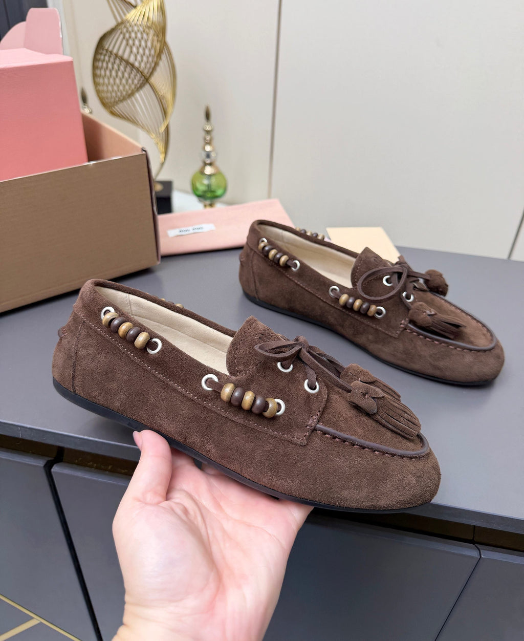 MIUMIU 26S TASSEL LOAFERS IN DARK BROWN SUEDE BEADED TRIM