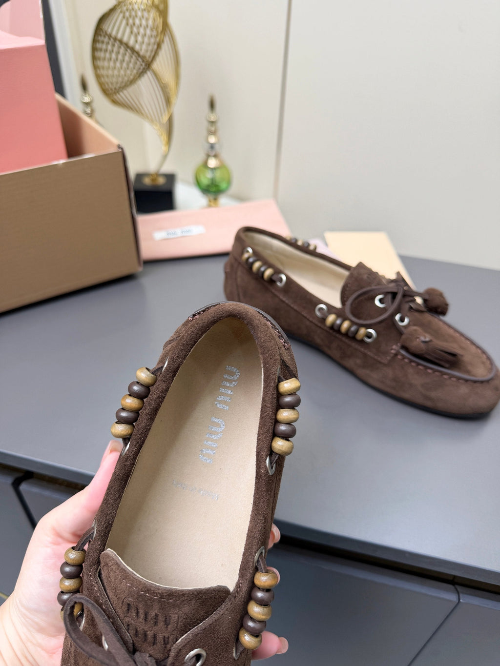MIUMIU 26S TASSEL LOAFERS IN DARK BROWN SUEDE BEADED TRIM