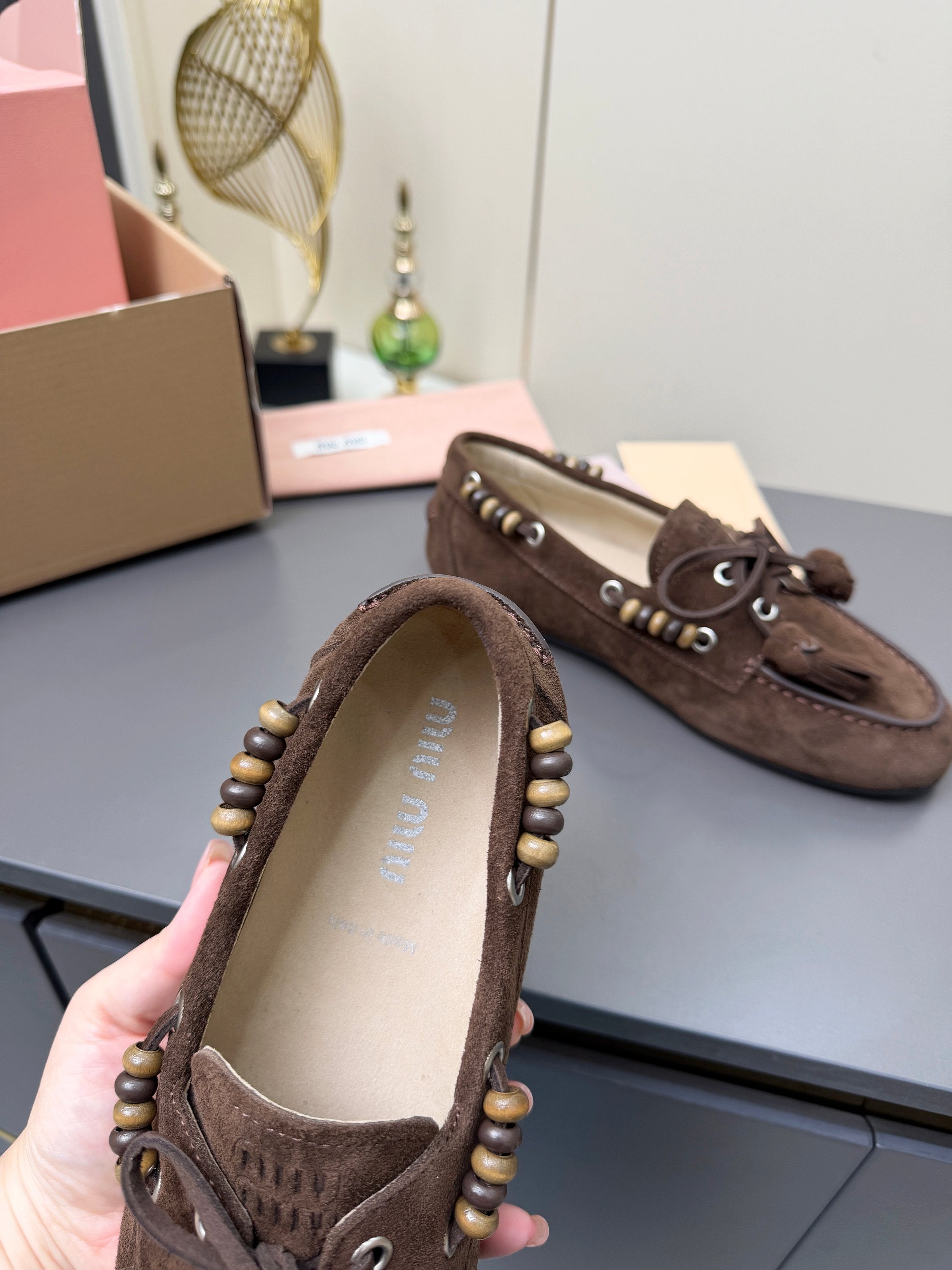 MIUMIU 26S TASSEL LOAFERS IN DARK BROWN SUEDE BEADED TRIM