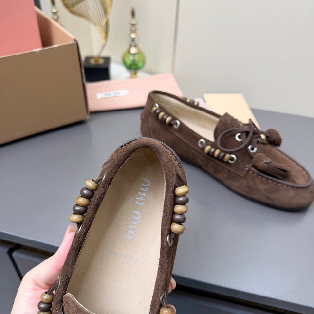 MIUMIU 26S TASSEL LOAFERS IN DARK BROWN SUEDE BEADED TRIM