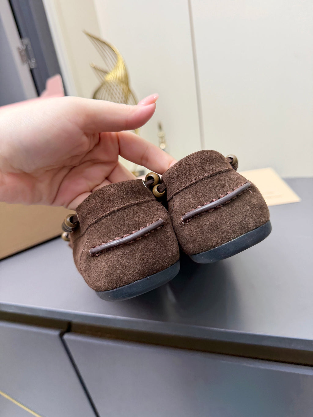 MIUMIU 26S TASSEL LOAFERS IN DARK BROWN SUEDE BEADED TRIM