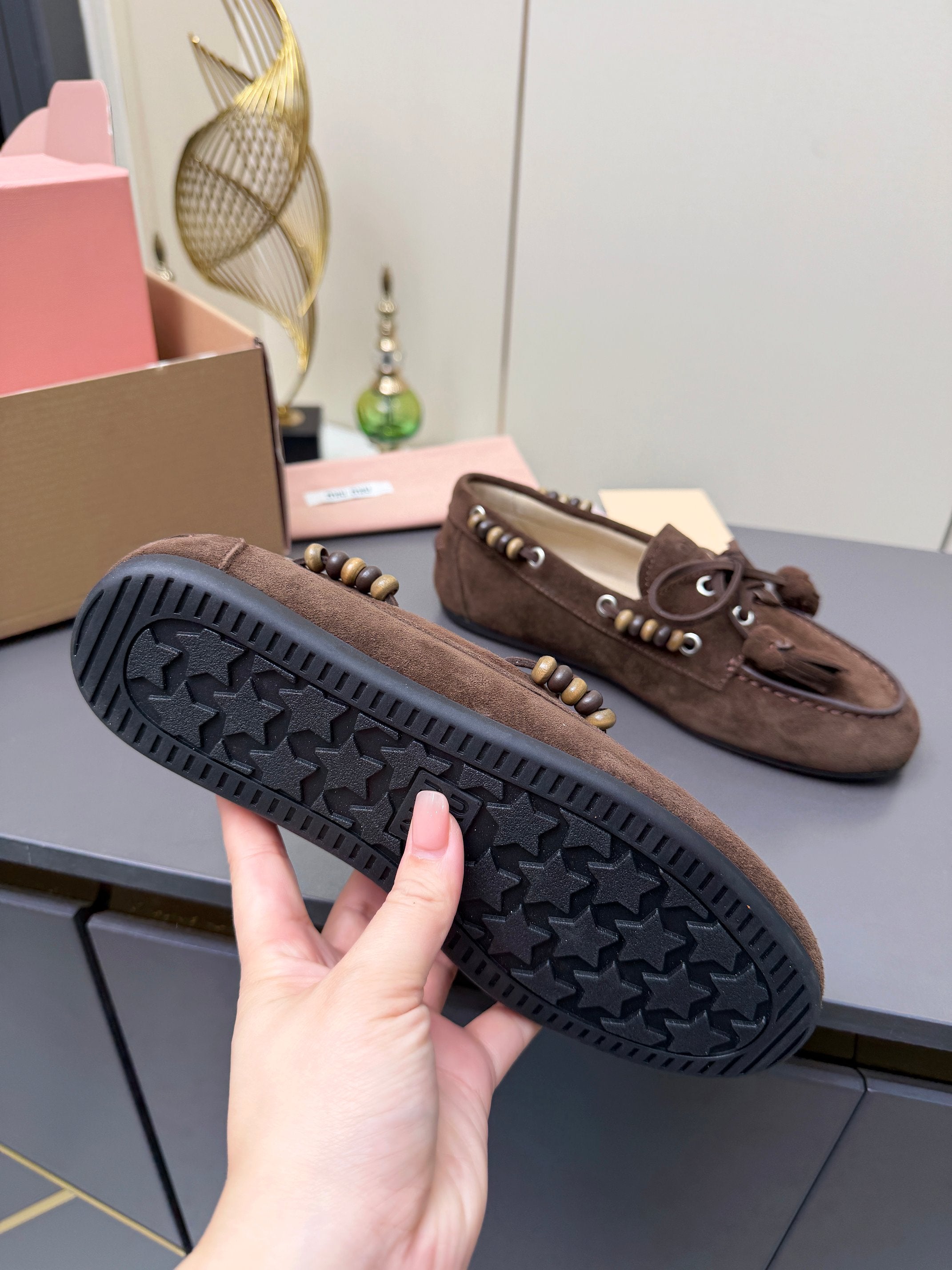 MIUMIU 26S TASSEL LOAFERS IN DARK BROWN SUEDE BEADED TRIM
