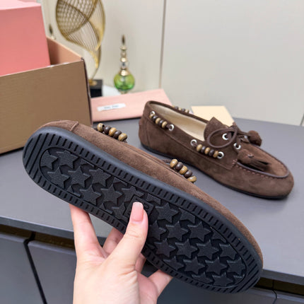 MIUMIU 26S TASSEL LOAFERS IN DARK BROWN SUEDE BEADED TRIM