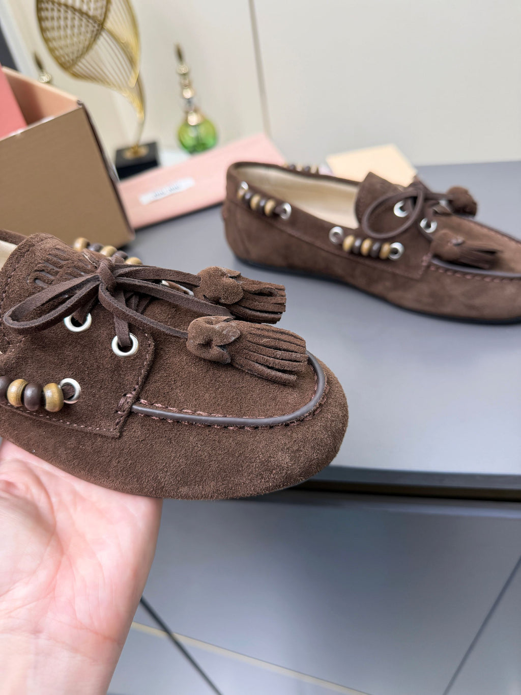 MIUMIU 26S TASSEL LOAFERS IN DARK BROWN SUEDE BEADED TRIM
