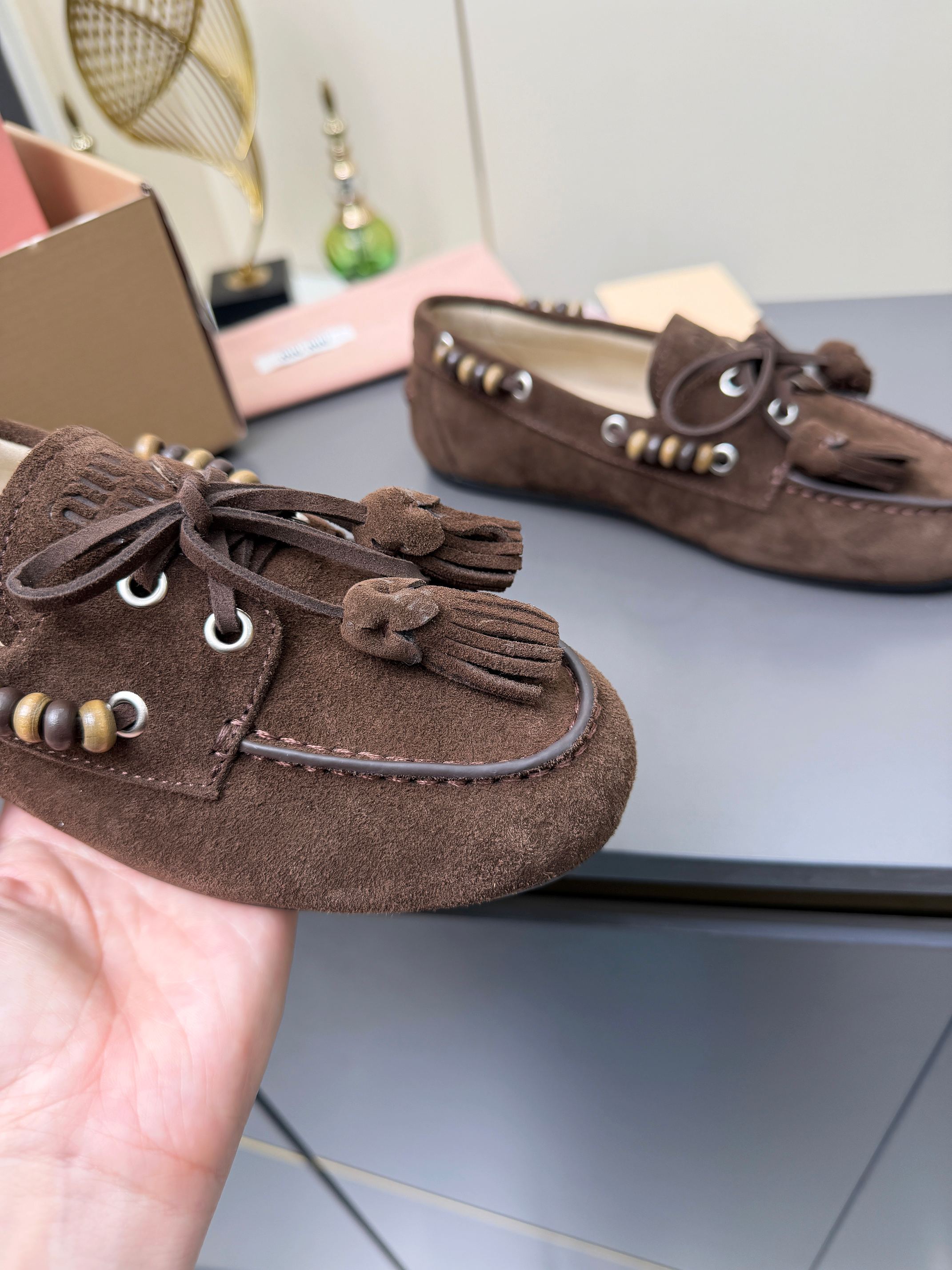 MIUMIU 26S TASSEL LOAFERS IN DARK BROWN SUEDE BEADED TRIM
