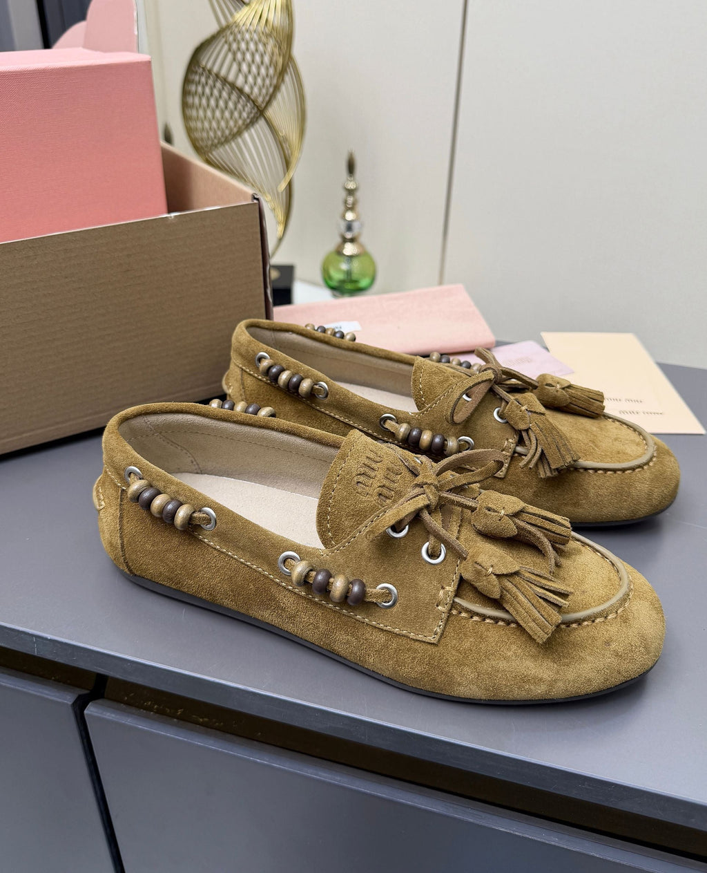 MIUMIU 26S TASSEL LOAFERS IN OLIVE BROWN SUEDE BEADED TRIM