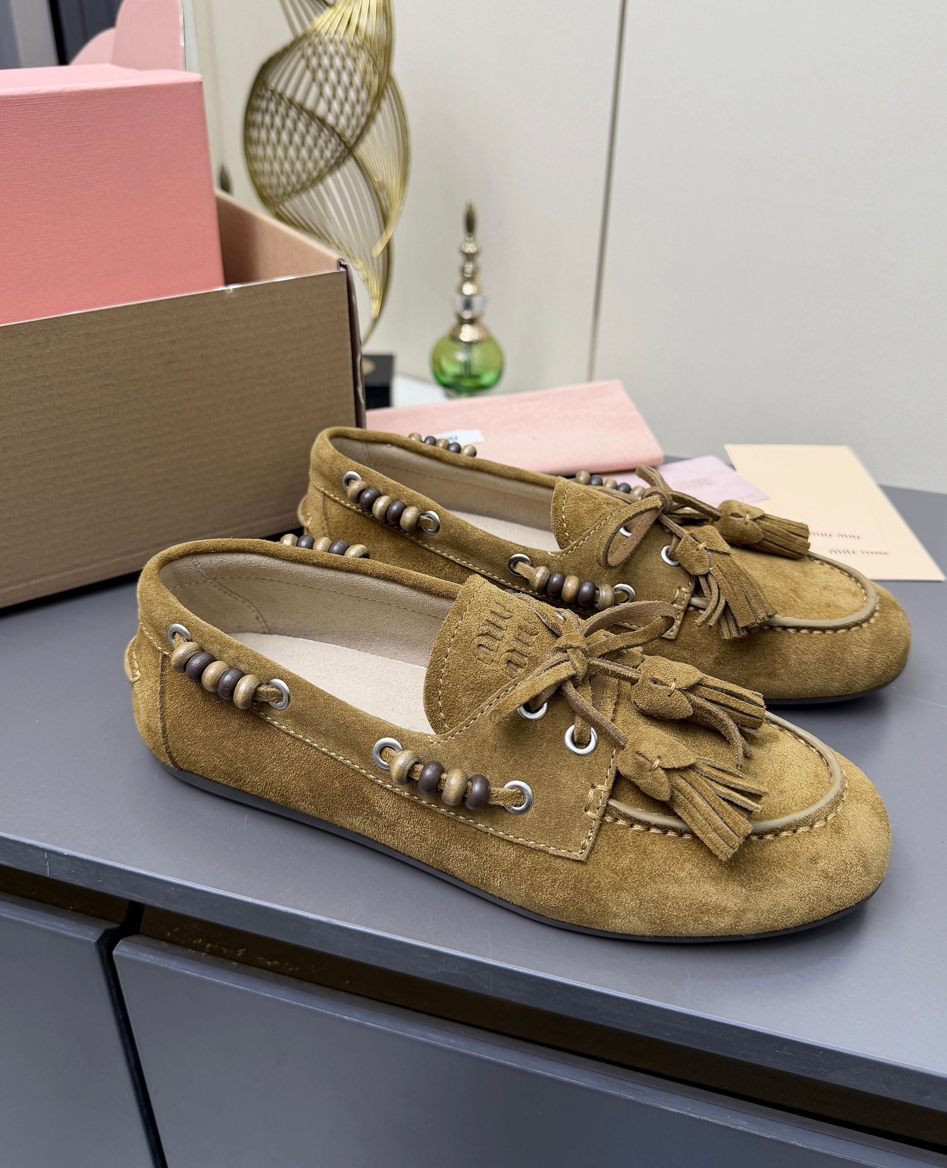 MIUMIU 26S TASSEL LOAFERS IN OLIVE BROWN SUEDE BEADED TRIM