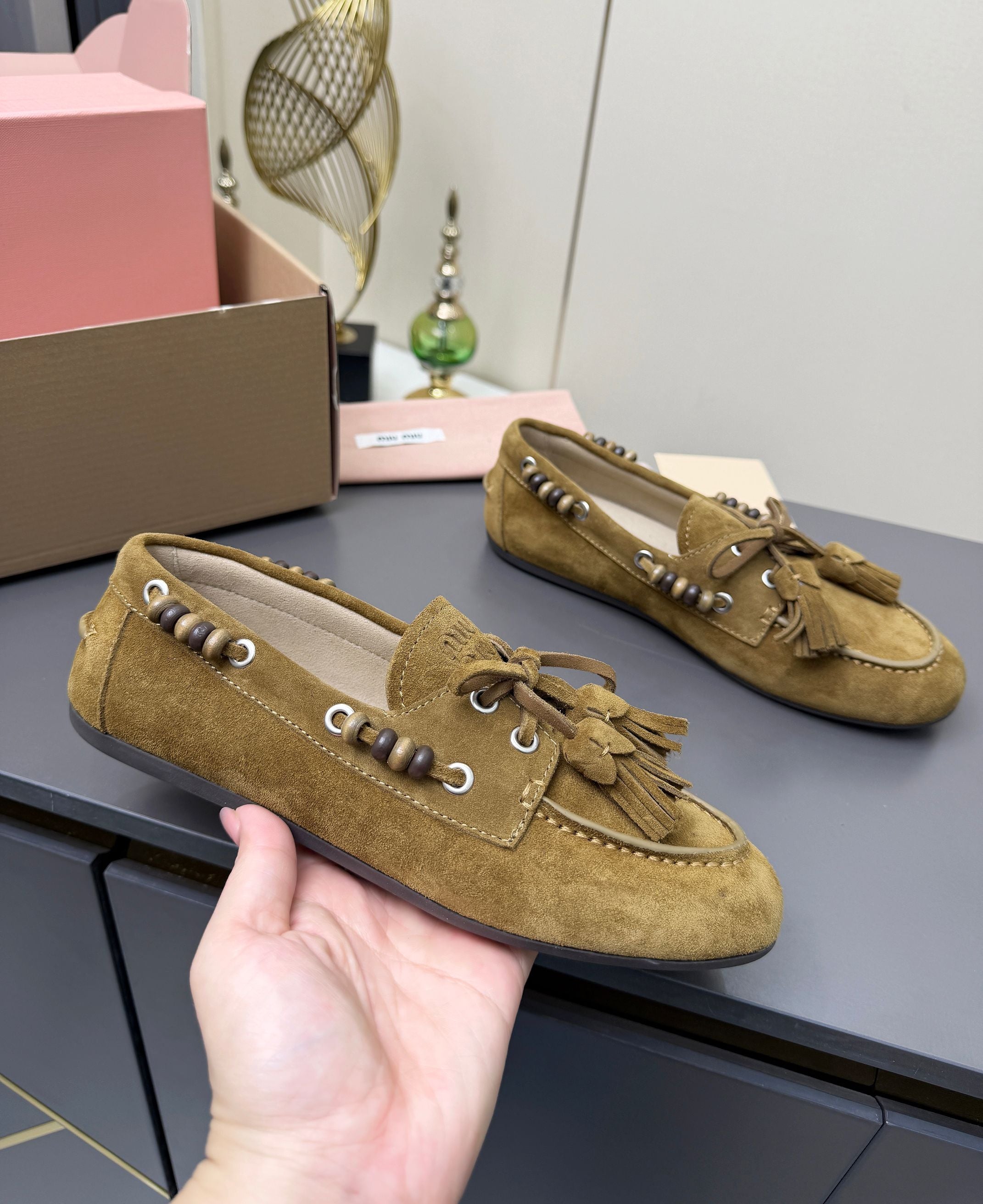MIUMIU 26S TASSEL LOAFERS IN OLIVE BROWN SUEDE BEADED TRIM