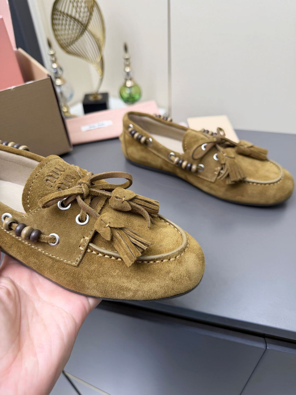 MIUMIU 26S TASSEL LOAFERS IN OLIVE BROWN SUEDE BEADED TRIM