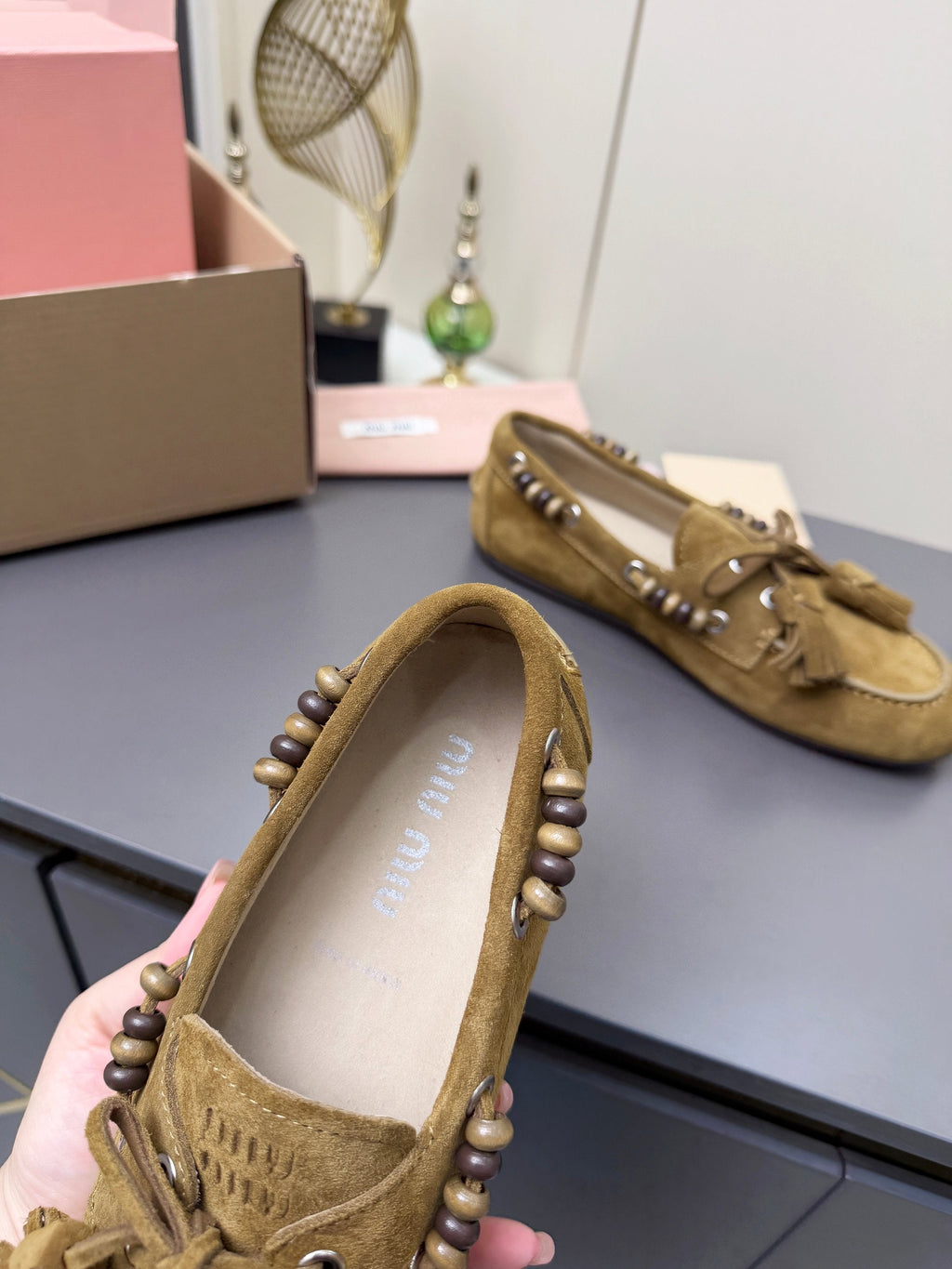 MIUMIU 26S TASSEL LOAFERS IN OLIVE BROWN SUEDE BEADED TRIM