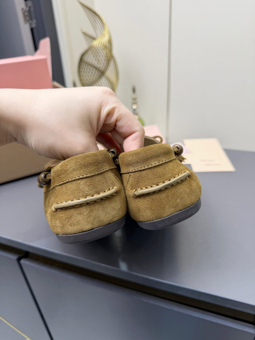 MIUMIU 26S TASSEL LOAFERS IN OLIVE BROWN SUEDE BEADED TRIM