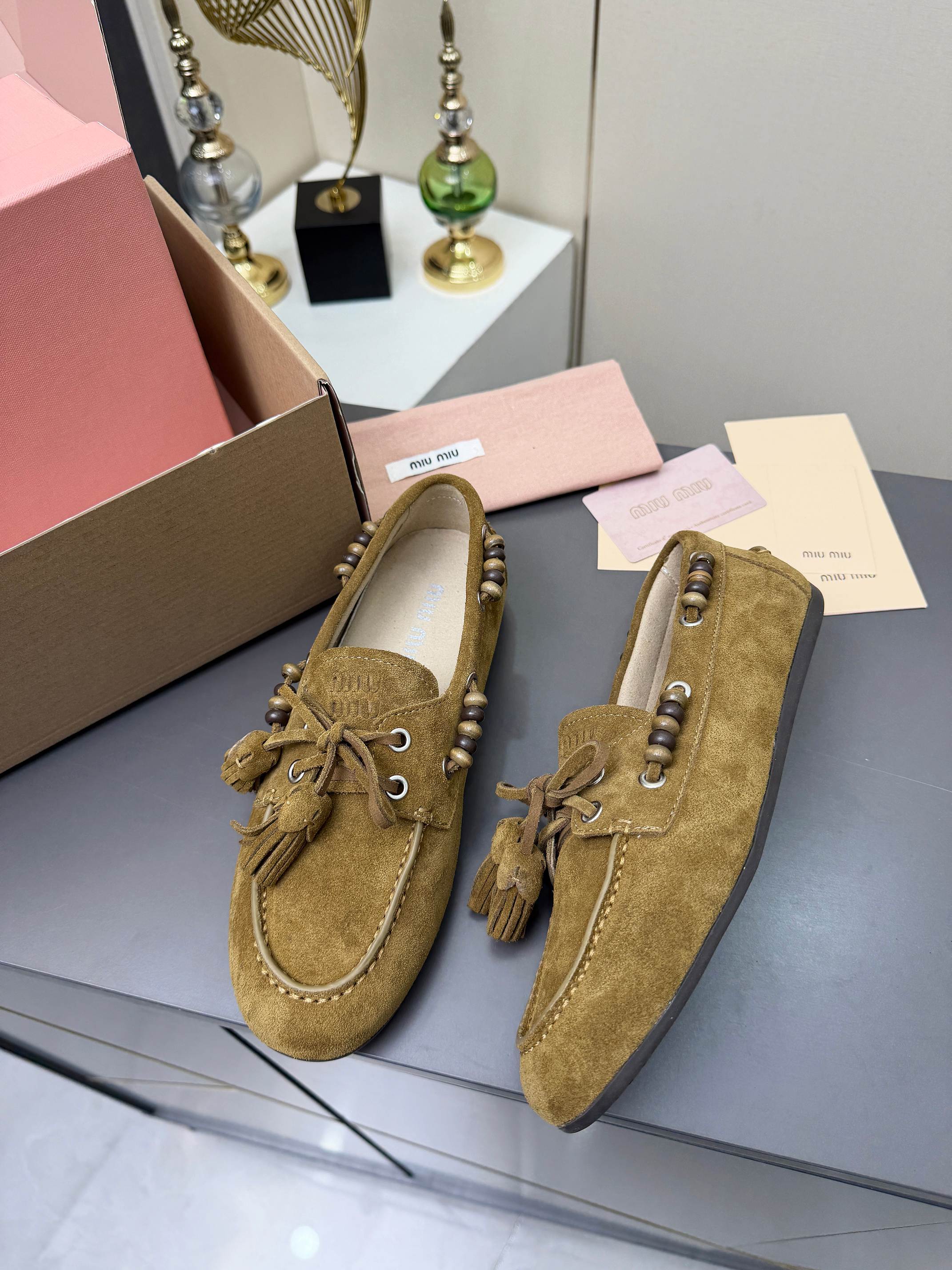 MIUMIU 26S TASSEL LOAFERS IN OLIVE BROWN SUEDE BEADED TRIM