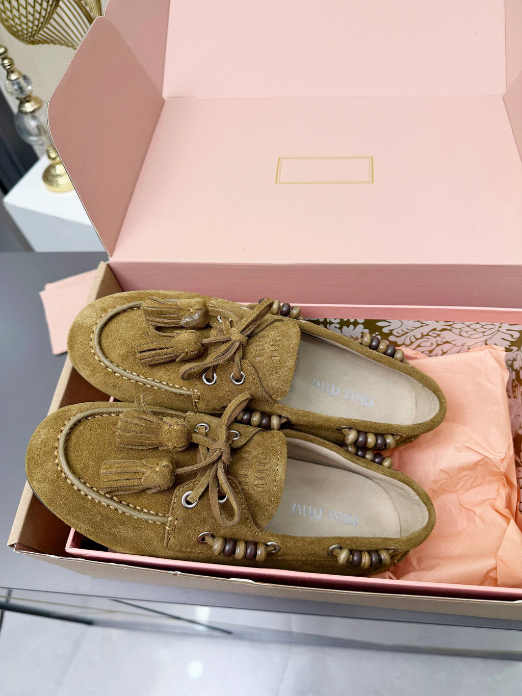 MIUMIU 26S TASSEL LOAFERS IN OLIVE BROWN SUEDE BEADED TRIM