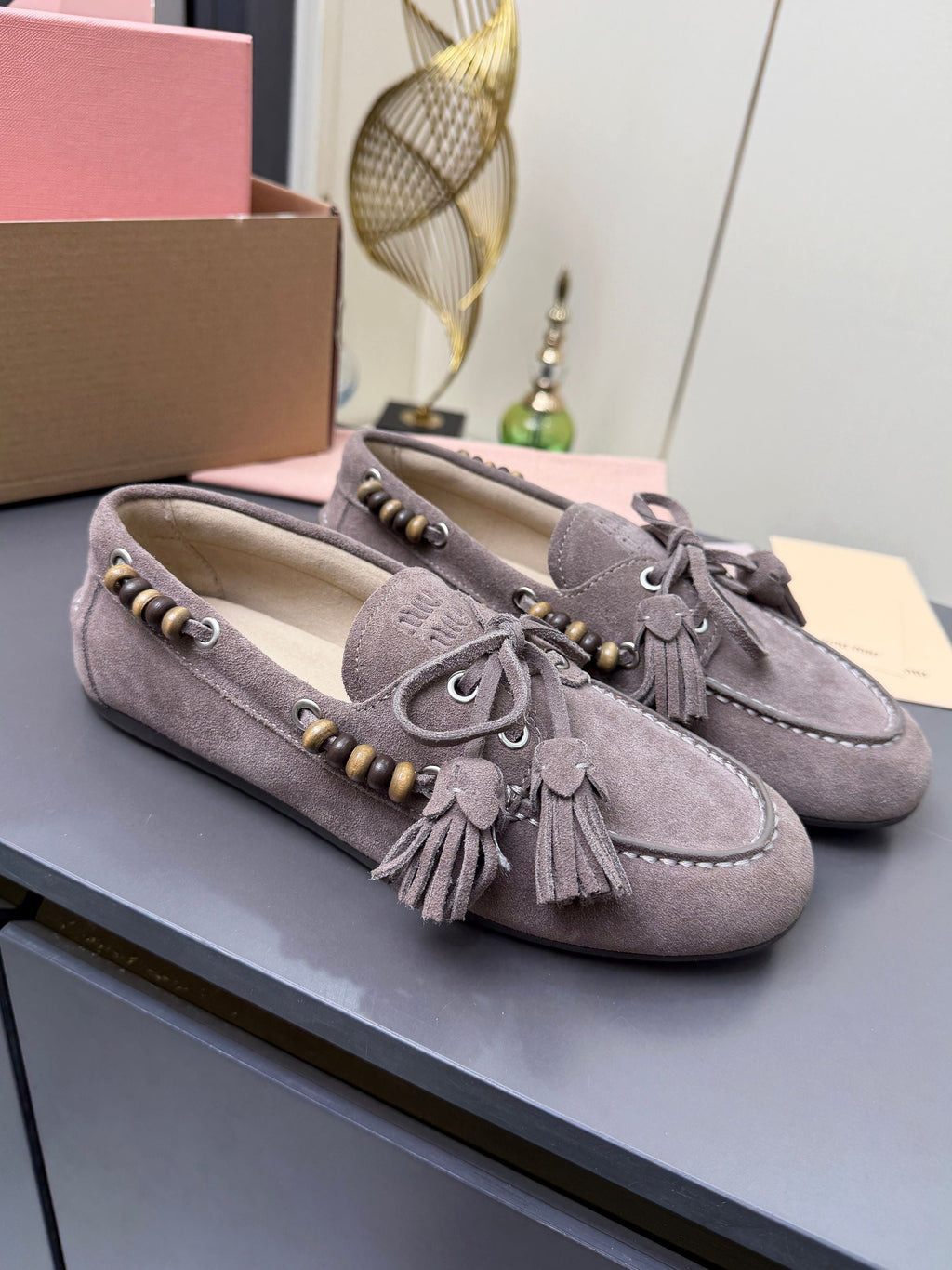 MIUMIU 26S TASSEL LOAFERS IN TAUPE BROWN SUEDE BEADED TRIM