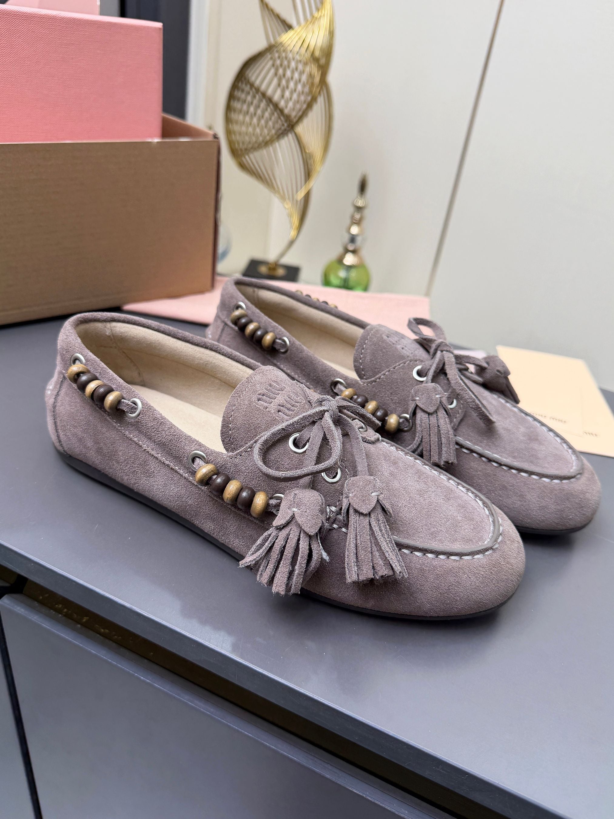 MIUMIU 26S TASSEL LOAFERS IN TAUPE BROWN SUEDE BEADED TRIM