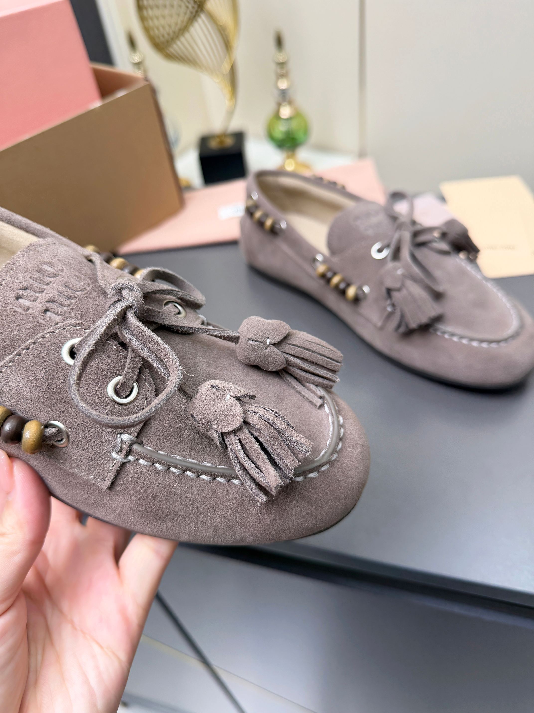 MIUMIU 26S TASSEL LOAFERS IN TAUPE BROWN SUEDE BEADED TRIM