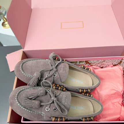 MIUMIU 26S TASSEL LOAFERS IN TAUPE BROWN SUEDE BEADED TRIM