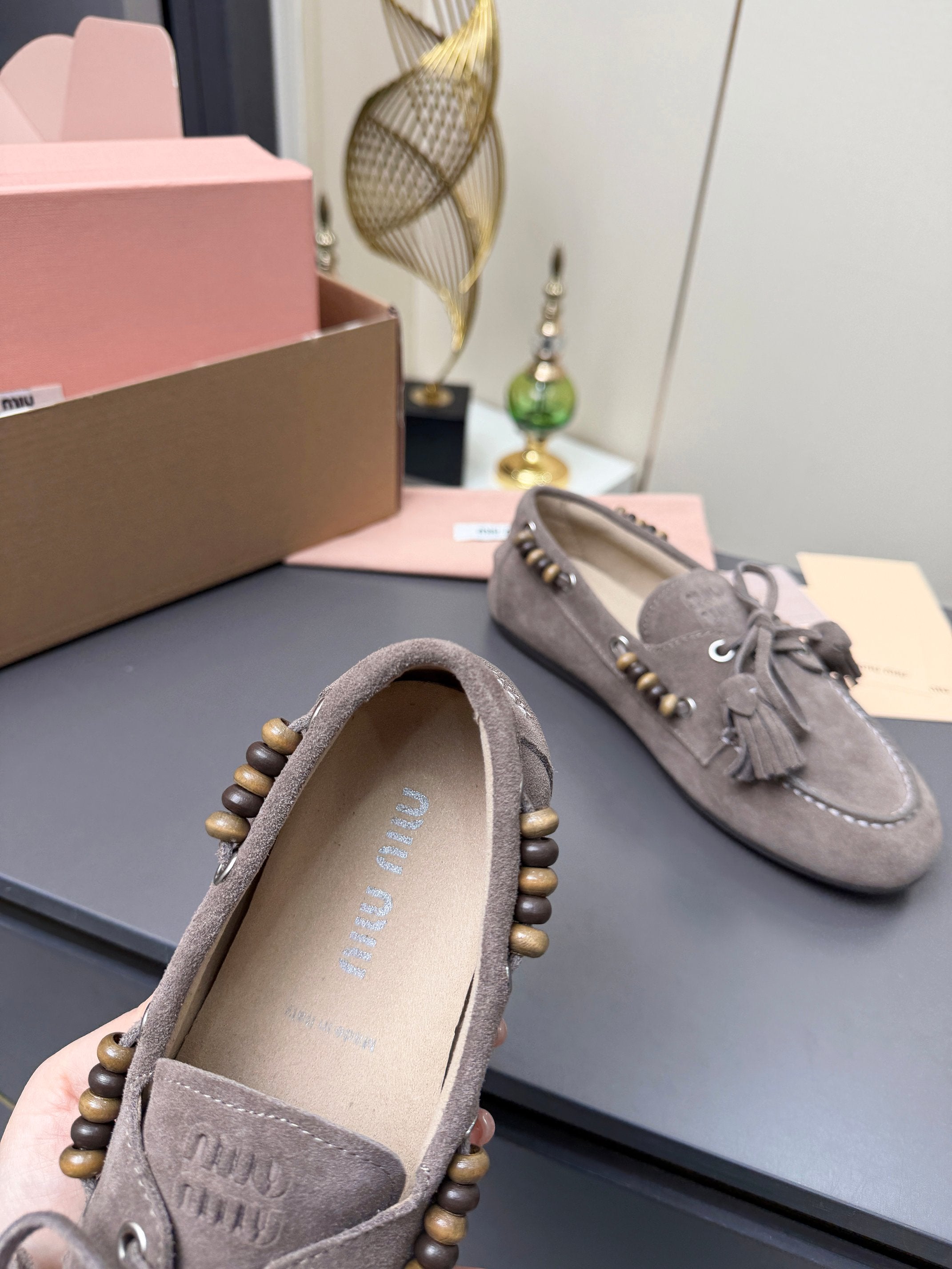 MIUMIU 26S TASSEL LOAFERS IN TAUPE BROWN SUEDE BEADED TRIM