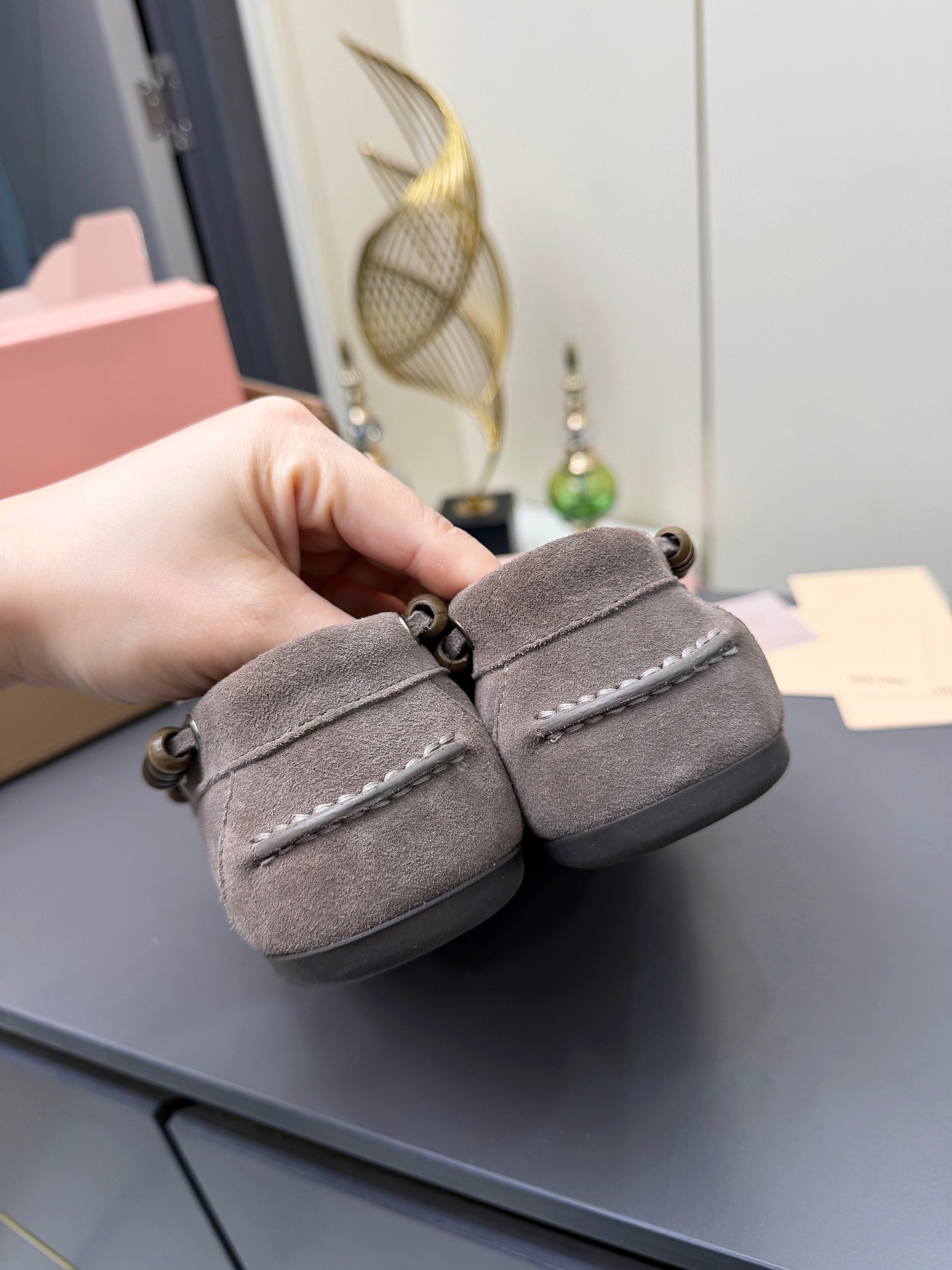 MIUMIU 26S TASSEL LOAFERS IN TAUPE BROWN SUEDE BEADED TRIM