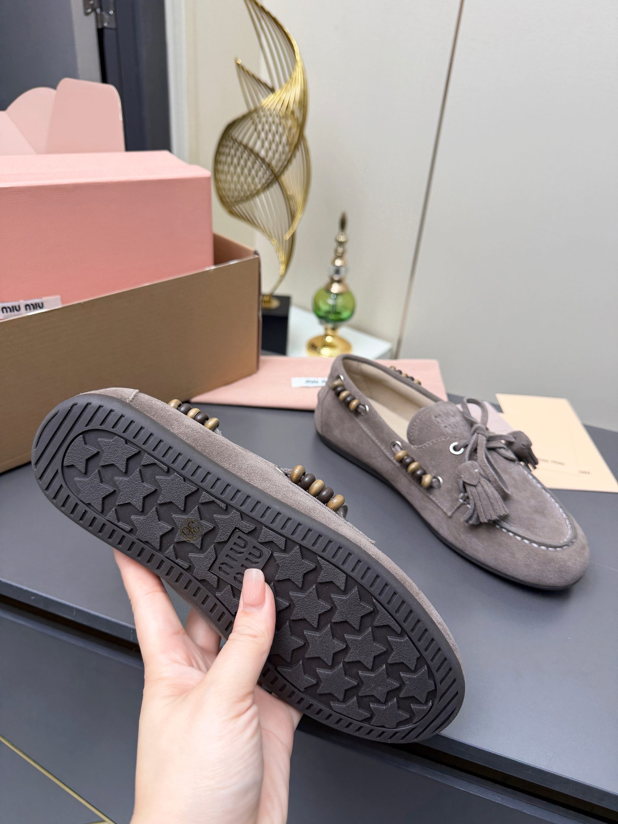 MIUMIU 26S TASSEL LOAFERS IN TAUPE BROWN SUEDE BEADED TRIM