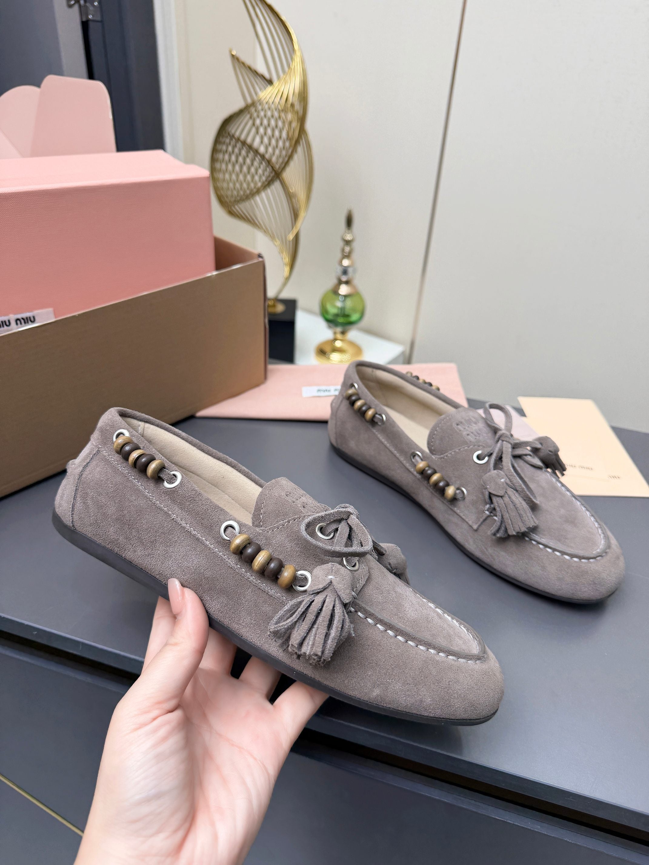MIUMIU 26S TASSEL LOAFERS IN TAUPE BROWN SUEDE BEADED TRIM