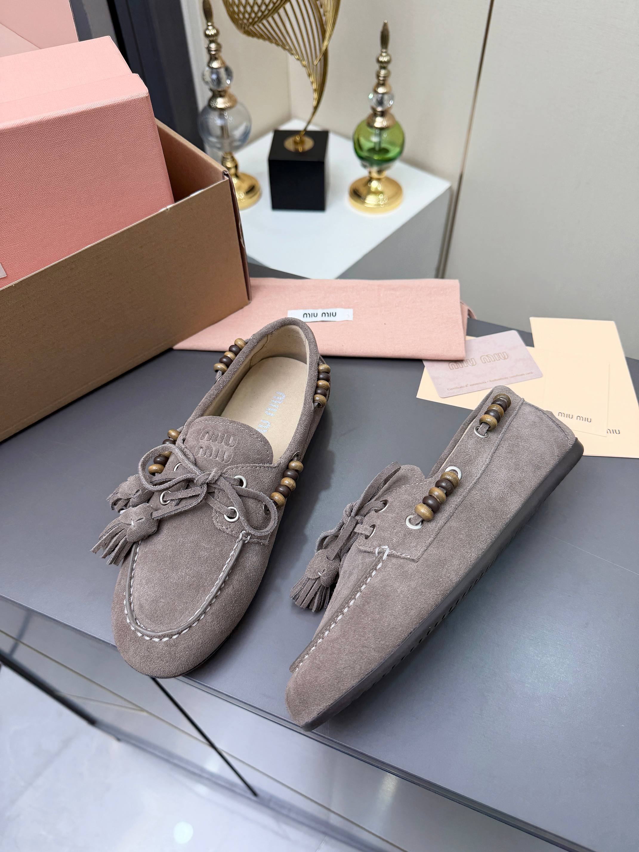 MIUMIU 26S TASSEL LOAFERS IN TAUPE BROWN SUEDE BEADED TRIM