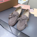 MIUMIU 26S TASSEL LOAFERS IN TAUPE BROWN SUEDE BEADED TRIM