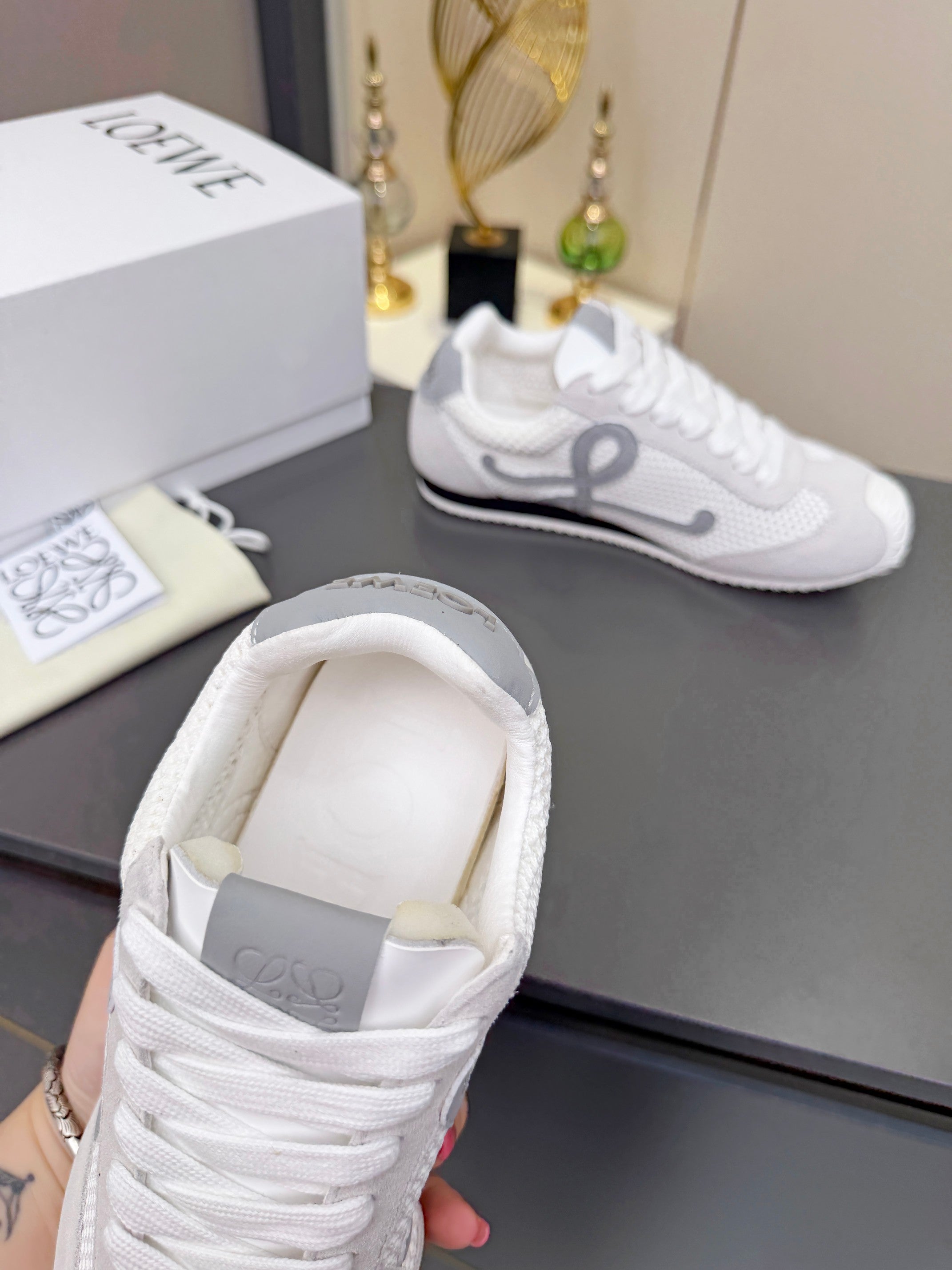 LOEWE 26S RUNNER 2.0 SNEAKERS IN LIGHT GREY SUEDE AND WHITE MESH FABRIC