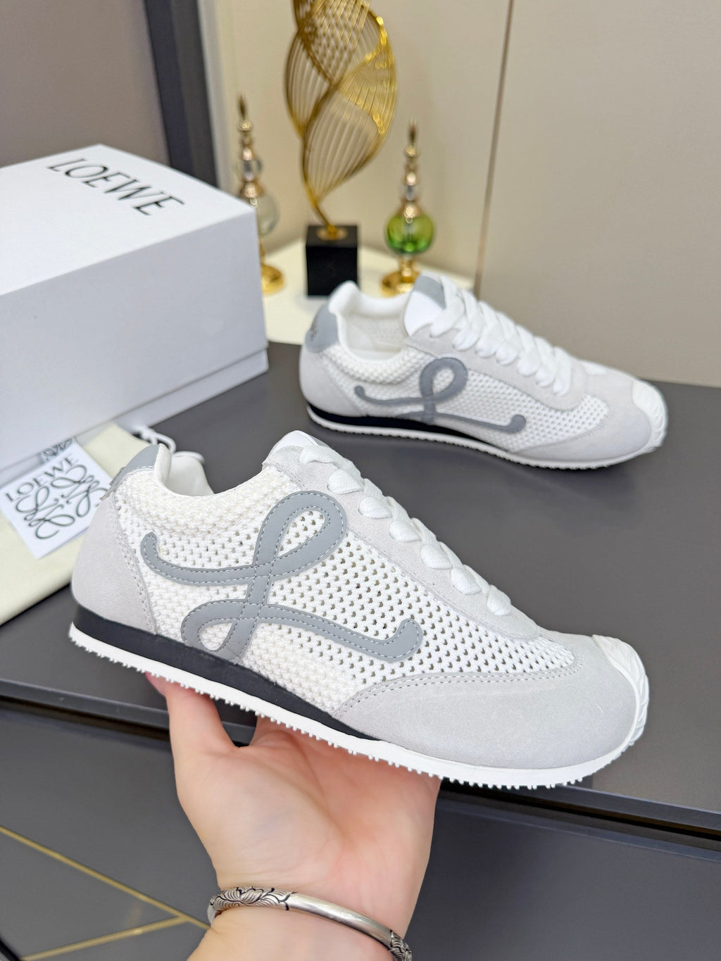 LOEWE 26S RUNNER 2.0 SNEAKERS IN LIGHT GREY SUEDE AND WHITE MESH FABRIC
