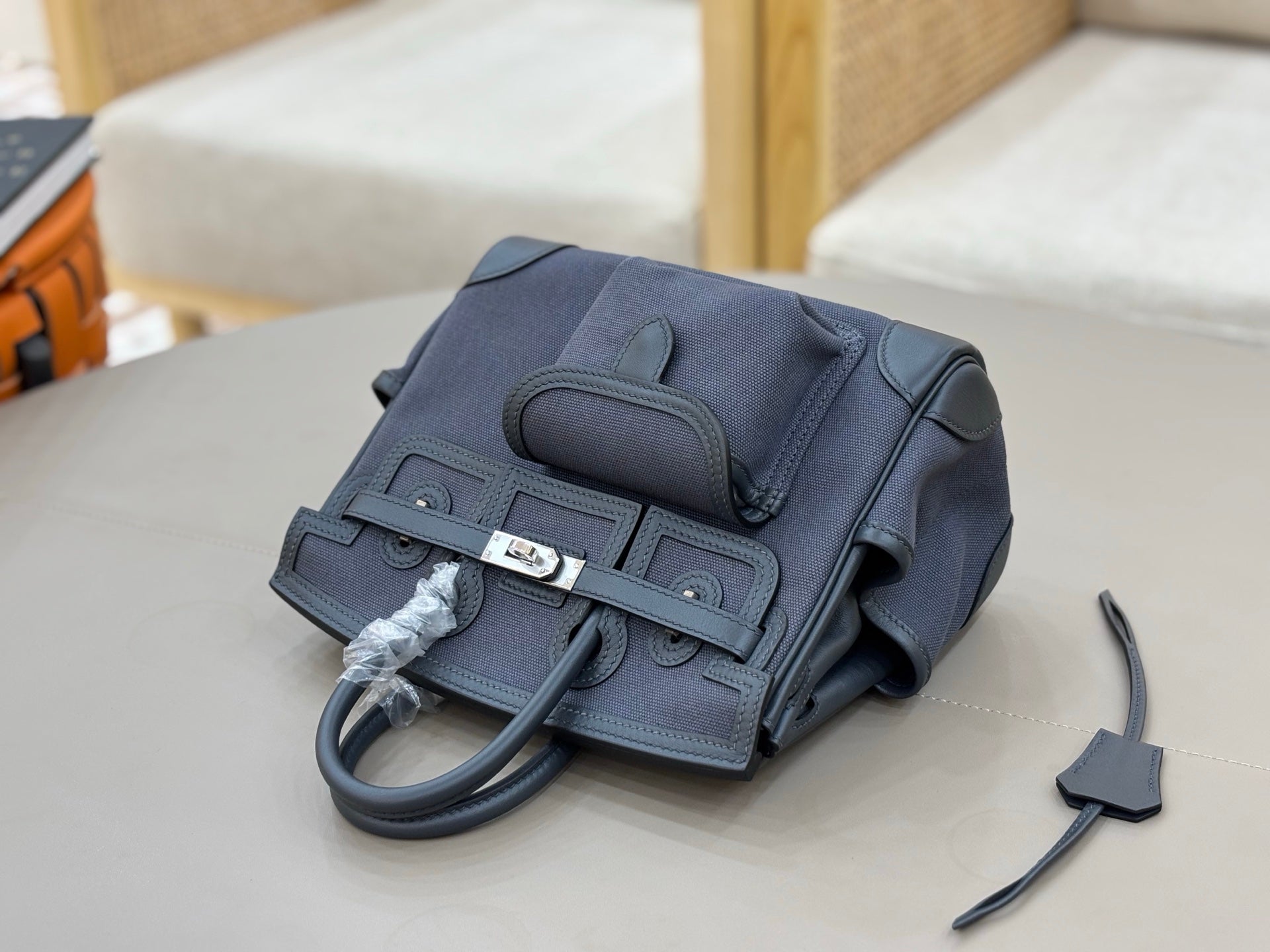 HM 25S BIRKIN CARGO 25 CM IN CHARCOAL BLUE CANVAS AND SWIFT WITH SILVER HARDWARE