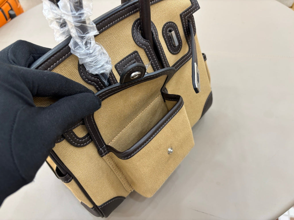 HM 25S BIRKIN CARGO 25 CM IN BEIGE CANVAS AND BLACK SWIFT WITH SILVER HARDWARE