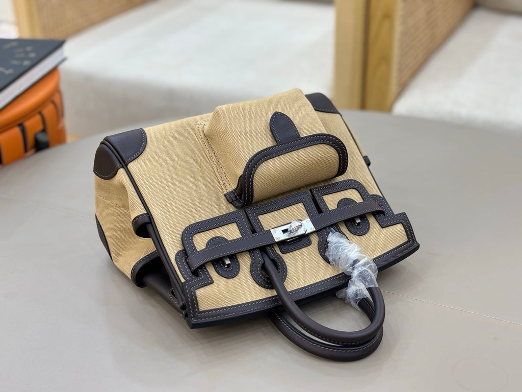 HM 25S BIRKIN CARGO 25 CM IN BEIGE CANVAS AND BLACK SWIFT WITH SILVER HARDWARE