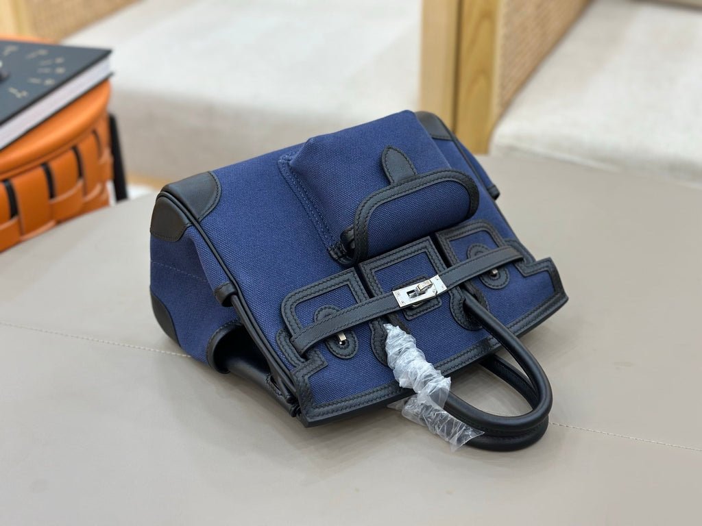 HM 25S BIRKIN CARGO 25 CM IN NAVY BLUE CANVAS AND BLACK SWIFT WITH SILVER HARDWARE